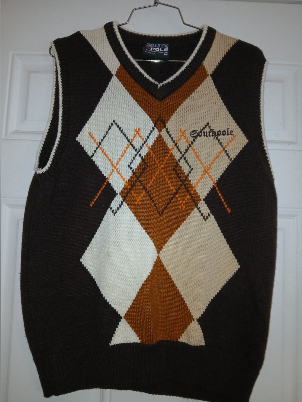 South Pole Mens Sweater Vest Size Med Brown Knit Argyle Diamond Pull Over Y2K